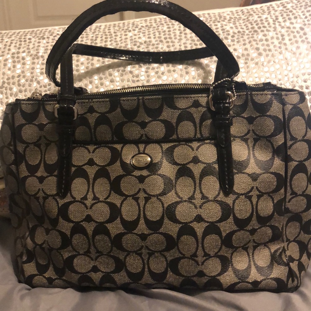 Classic coated leather black coach print handbag